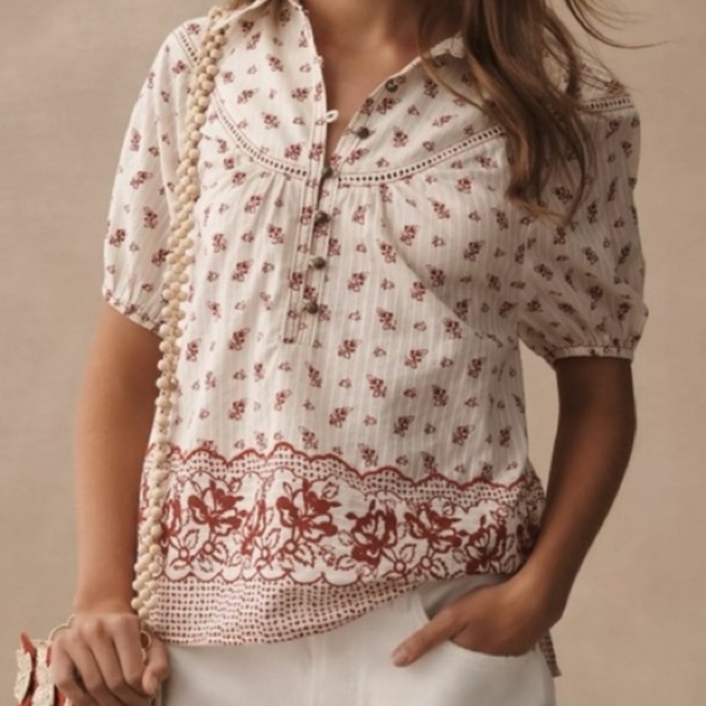 Pilcro Red and Cream Floral Blouse